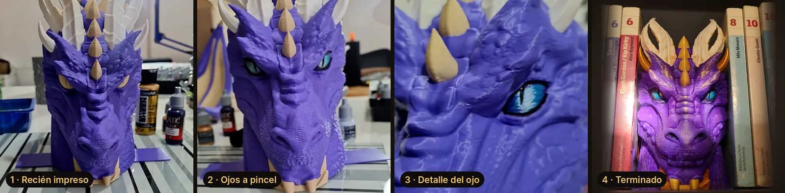 El apoya libros en 4 pasos: impreso, ojos a pincel, detalle y terminado
