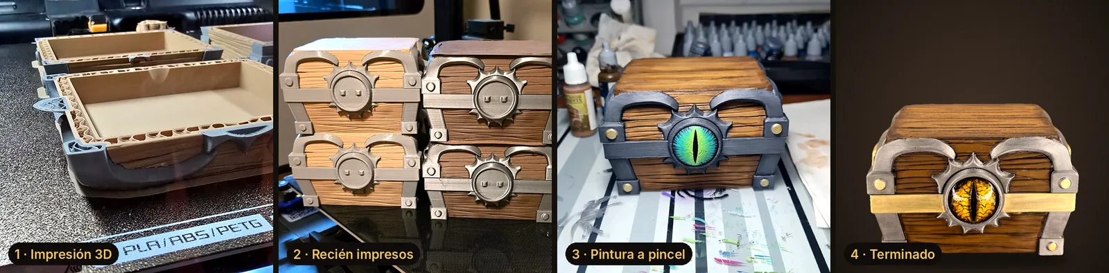 El cofre en 4 pasos: impresión, recién impreso, pintura y terminado