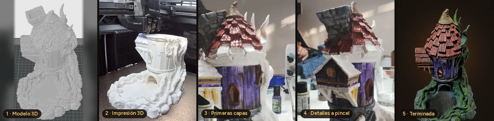 Cinco pasos de la Casa del Hechicero: modelo 3D, impresión 3D, primeras capas, detalles a pincel y pieza terminada