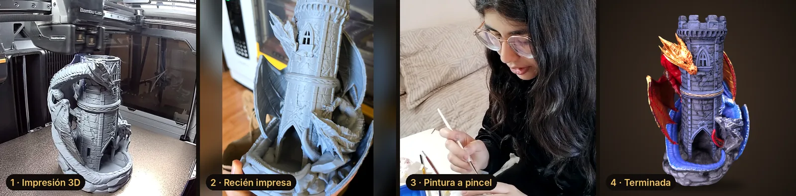 Cuatro pasos: impresión 3D, recién impresa, pintura a pincel y pieza terminada