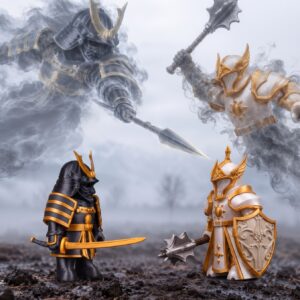 Dos figuras de Legión Imantum enfrentadas, con sus espectros de combate al fondo. Imagen ilustrativa de Arma tu duelo.
