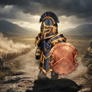 Arte oficial de Iron Agoge, paladín de los Espartanos, con espada y aspis.