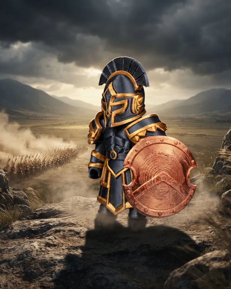 Arte oficial de Iron Agoge, paladín de los Espartanos, con espada y aspis.