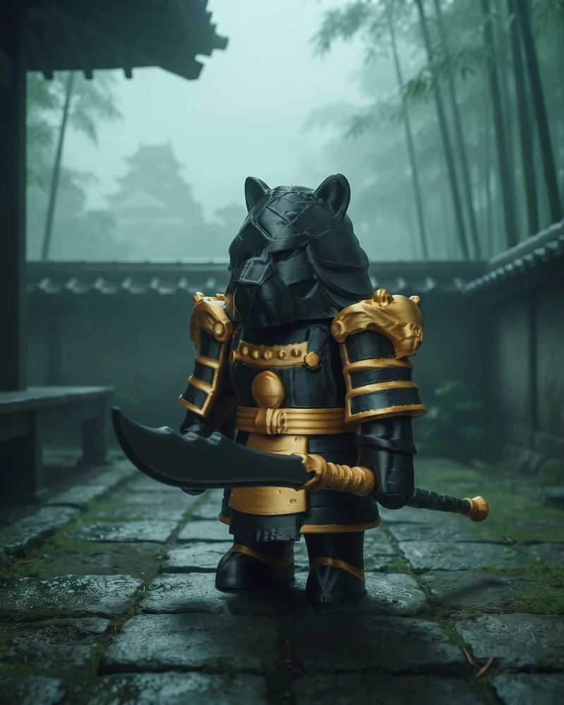 Arte oficial de Kuma, paladín de los Samuráis, con naginata y katana.
