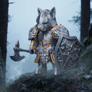 Arte oficial de Lobo, paladín de los Solitarios, con hacha y escudo medieval.