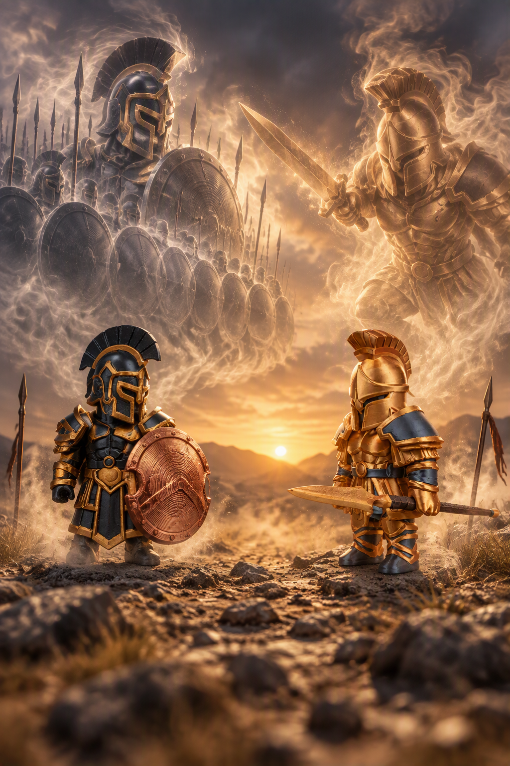 Ilustración del Pack Dúo Espartanos de Legión Imantum, con sus dos paladines y espectros al fondo.