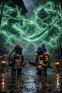 Ilustración del Pack Dúo Samuráis de Legión Imantum, con sus dos paladines y espectros al fondo.