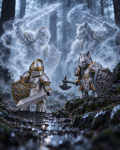 Ilustración del Pack Dúo Solitarios de Legión Imantum, con sus dos paladines y espectros al fondo.