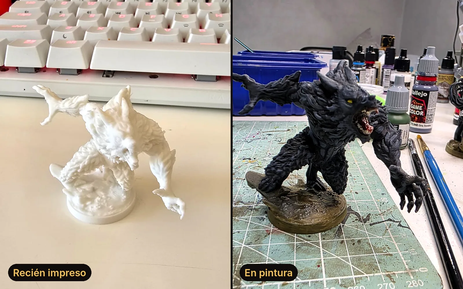 Miniatura de hombre lobo recién impresa y en pintura