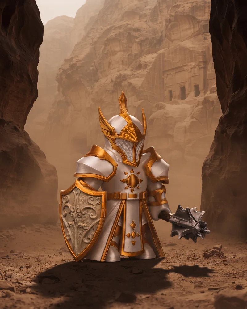 Arte oficial de Rompehierro, paladín de los Cruzados, con maza y escudo medieval.