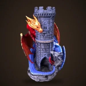 Torre de dados con dragones rojo-oro y azul pintados a mano
