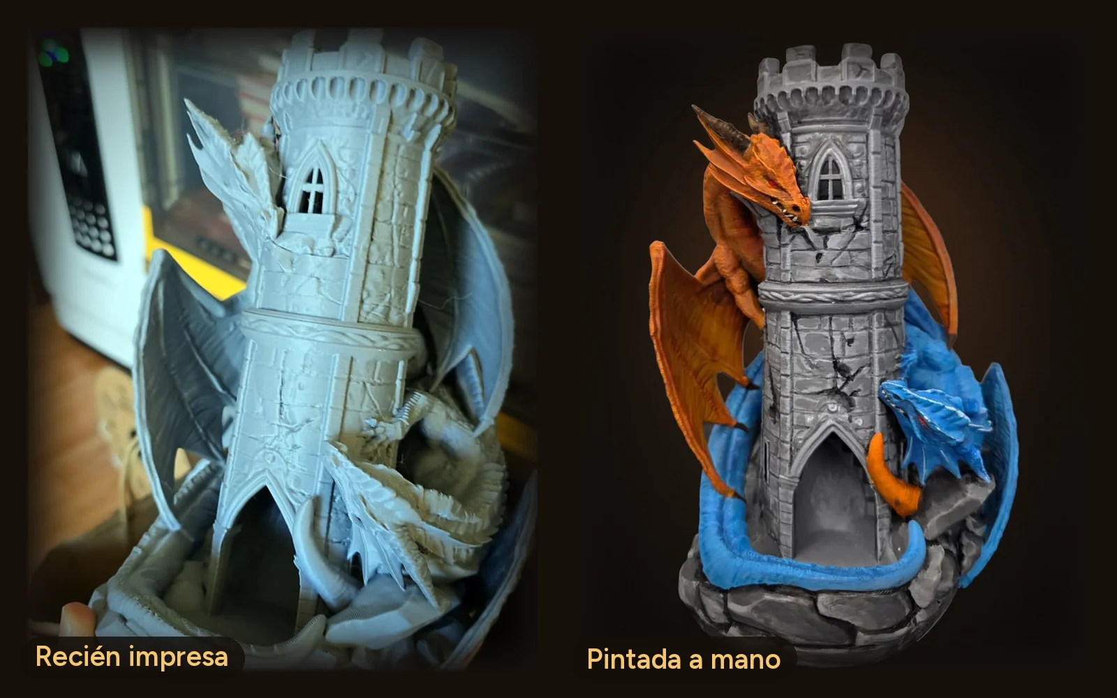 Torre de los Destinos Entrelazados recién impresa en gris y pintada a mano