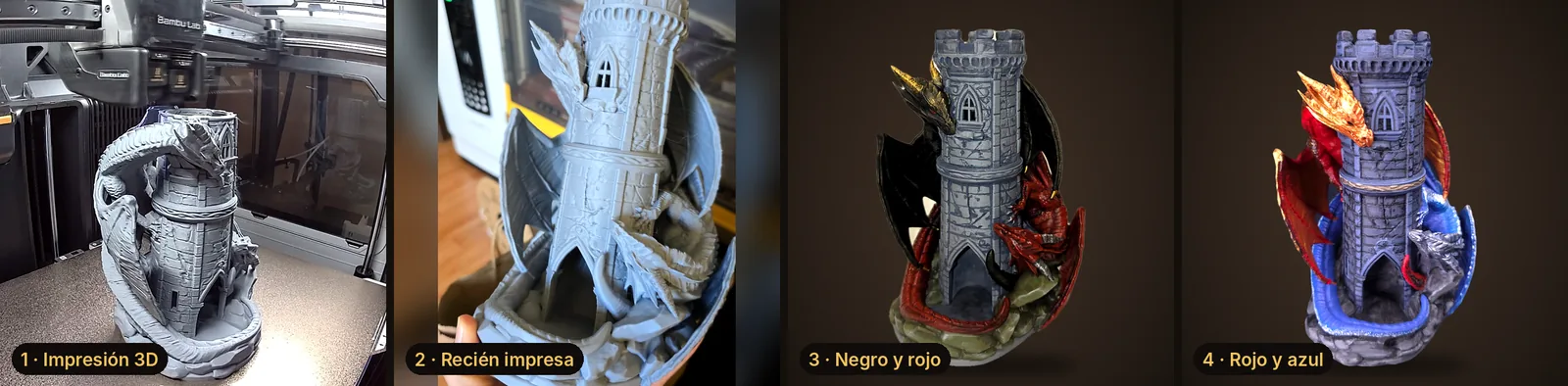 La torre en 4 pasos: impresión, recién impresa y dos versiones pintadas a mano