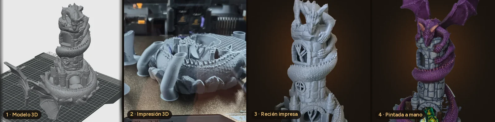 Cuatro pasos: modelo 3D, impresión 3D, recién impresa y pintada a mano
