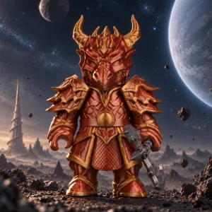 Arte oficial de Twinfang, paladín de los Dracónicos, con hacha doble y sordak.